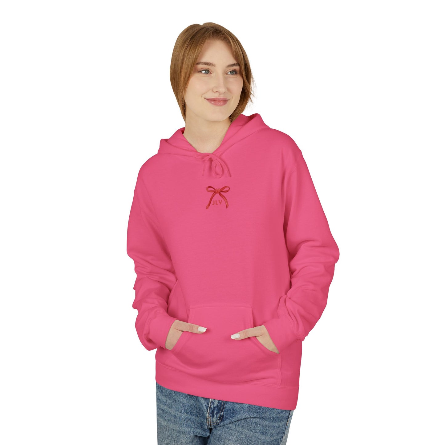 Chic Fleece Hoodie with JLY Bow Design - Perfect for Gift Giving, Cozy Casual Wear, Holiday Celebrations, Unisex Style, Everyday Comfort