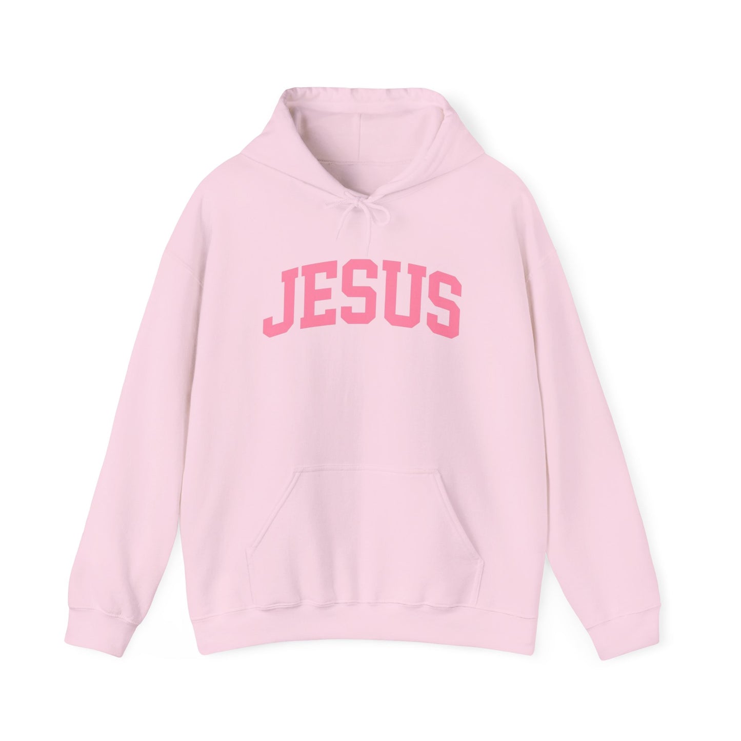 Jesus Arch Logo Hoodie — Pink Lettering Christian Faith Pullover