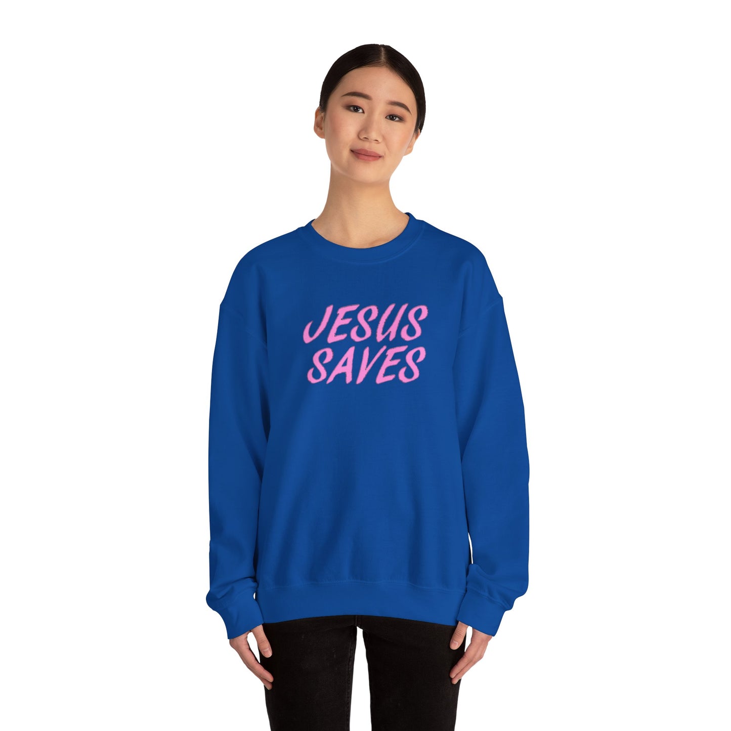 Jesus Saves Pink Script Crew neck — Christian Faith Graphic Tee