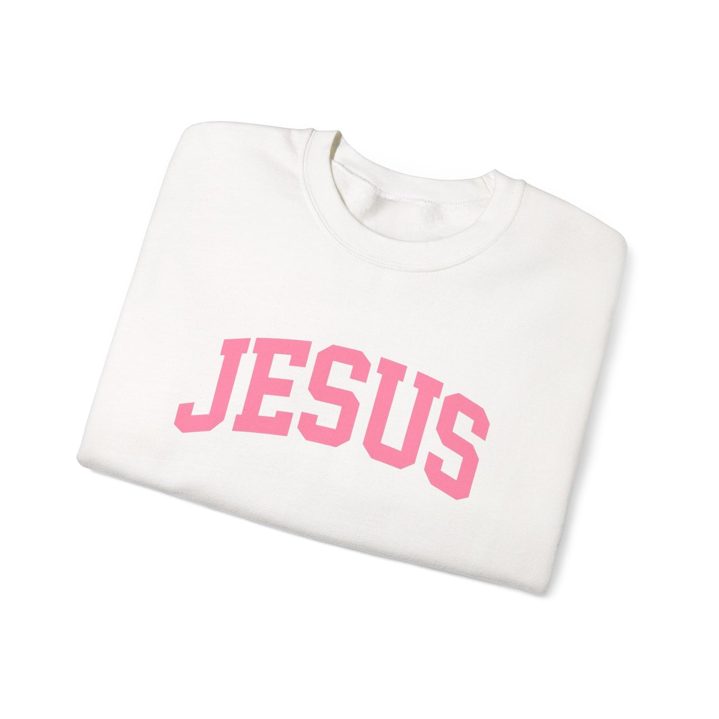 Jesus Crewneck Sweatshirt — Pink Collegiate Faith Graphic