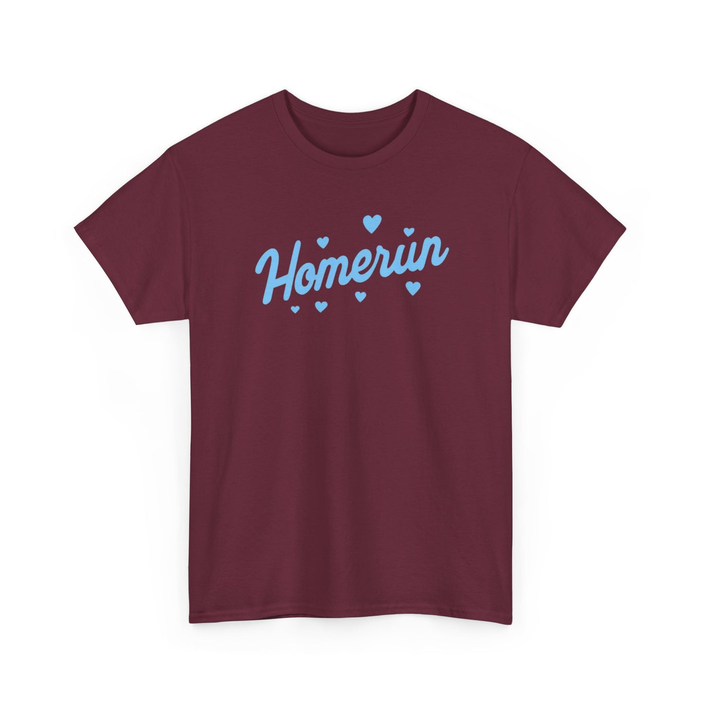 Homerun Tee — Retro Script Baseball Shirt with Blue Hearts