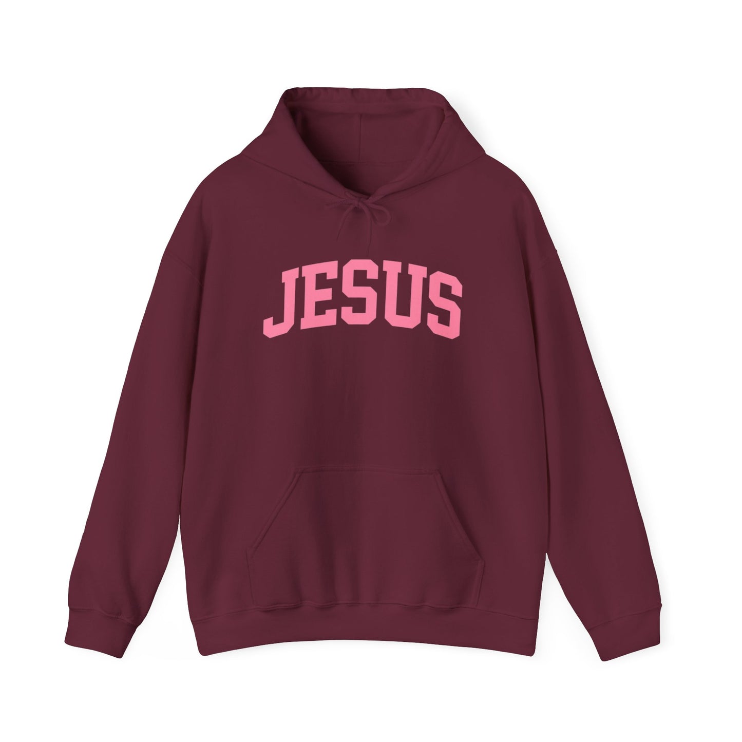 Jesus Arch Logo Hoodie — Pink Lettering Christian Faith Pullover