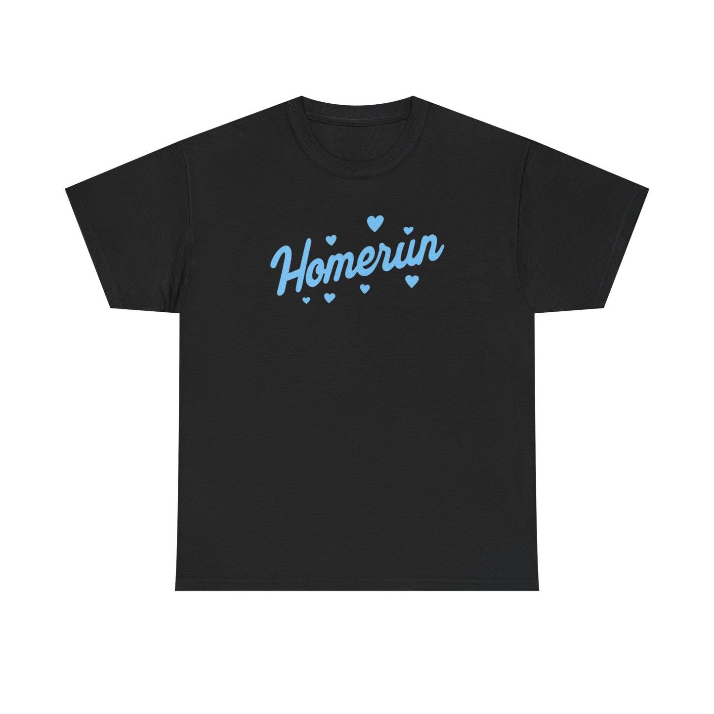 Homerun Tee — Retro Script Baseball Shirt with Blue Hearts