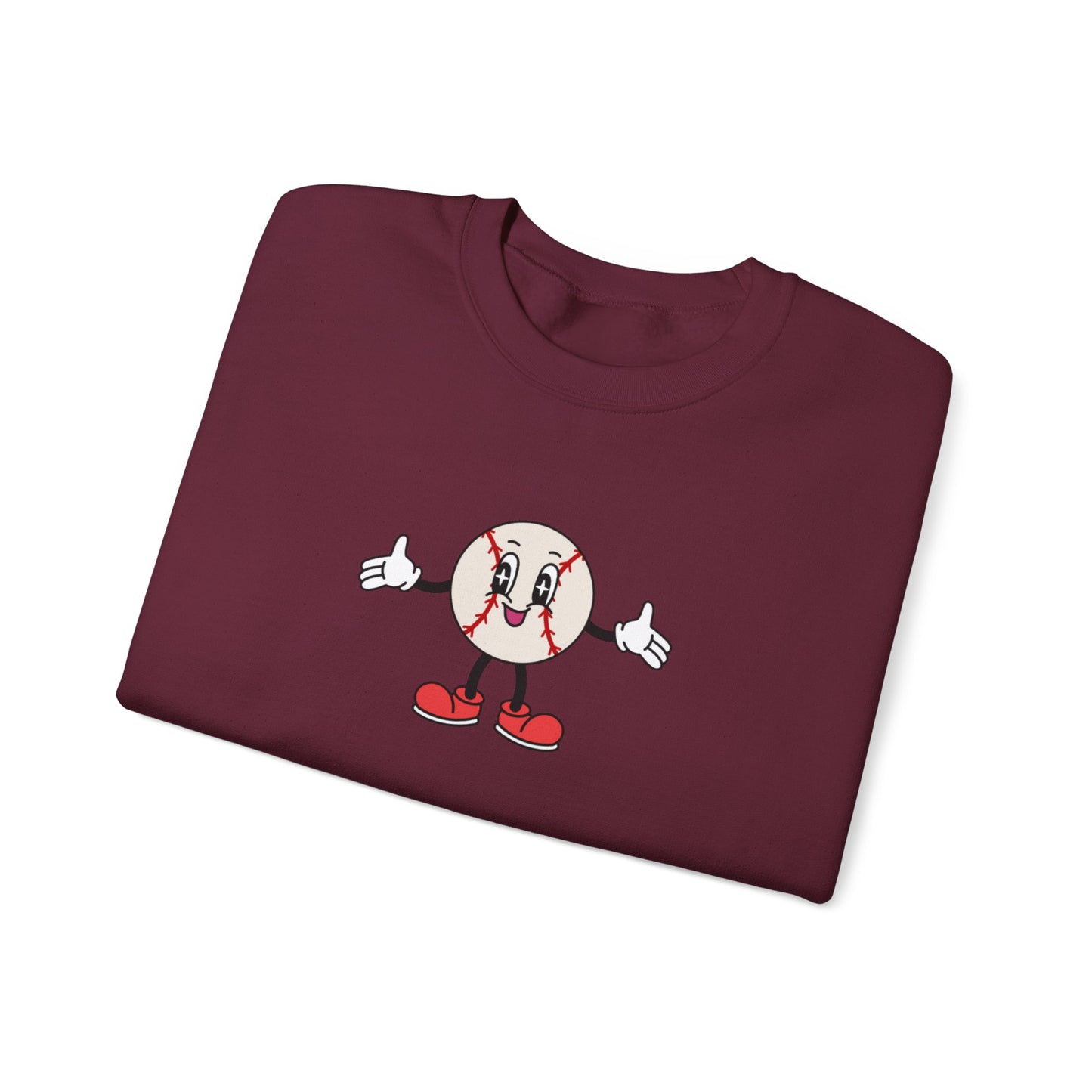 Cute Cartoon Baseball Crewneck Sweatshirt – Thumbs Up Mascot Graphic