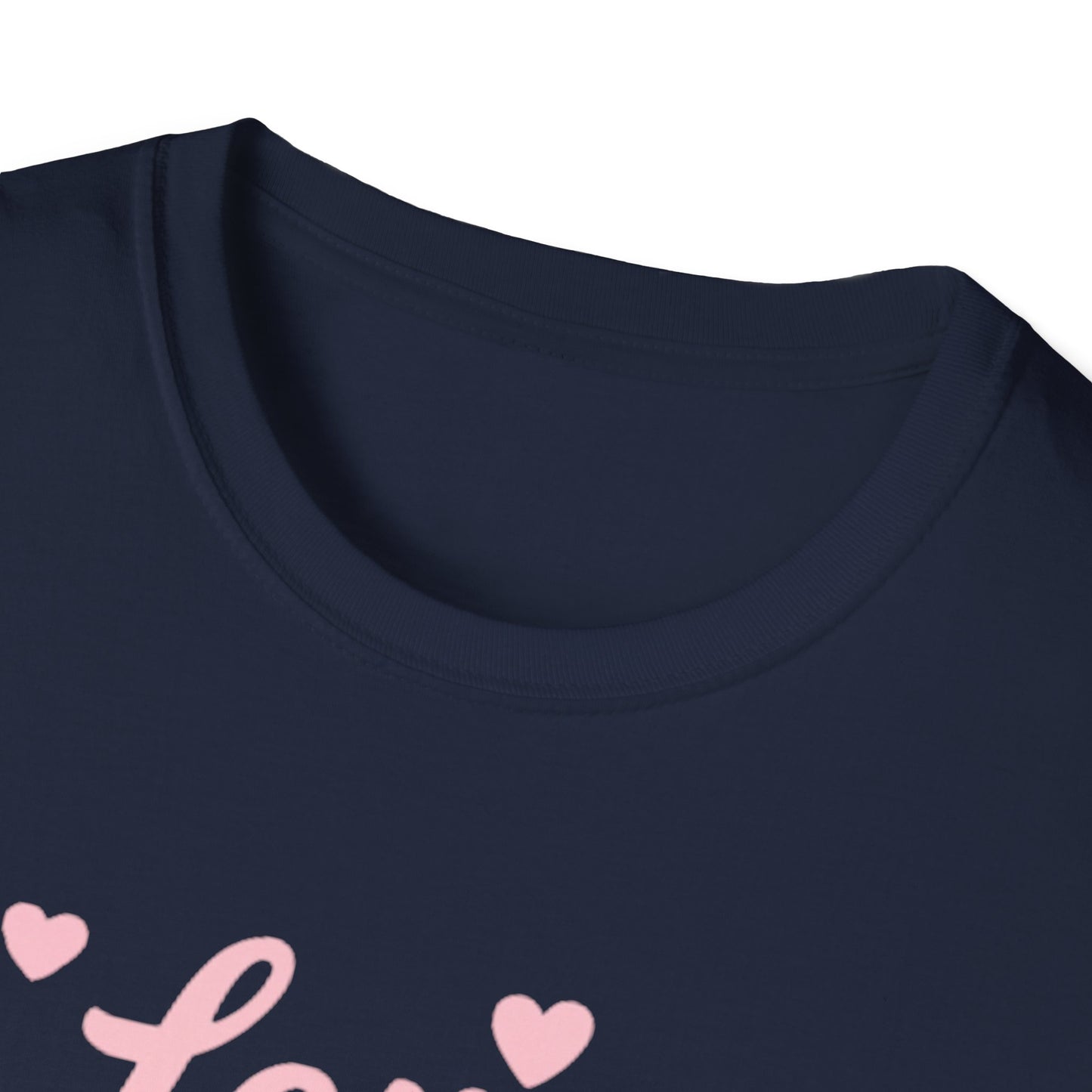 Love Your Neighbor T-Shirt — Pink Script Hearts Tee for Kindness & Community