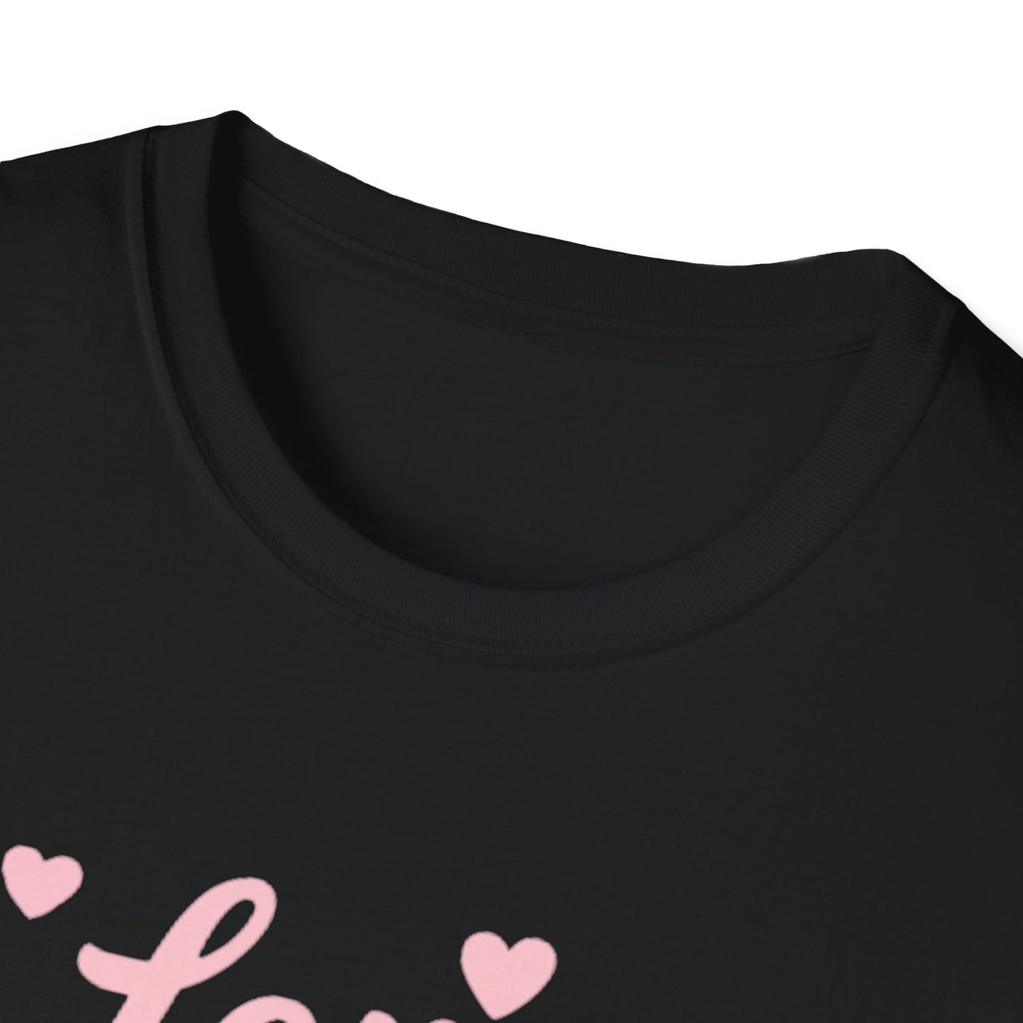 Love Your Neighbor T-Shirt — Pink Script Hearts Tee for Kindness & Community