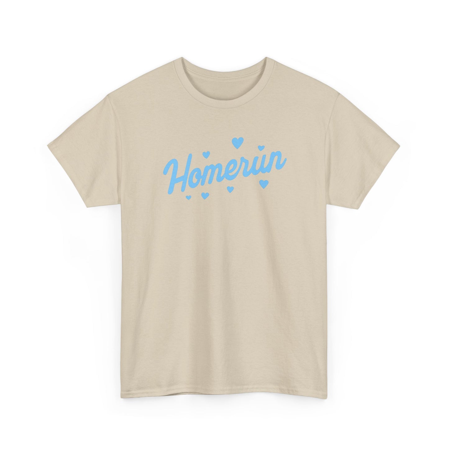 Homerun Tee — Retro Script Baseball Shirt with Blue Hearts
