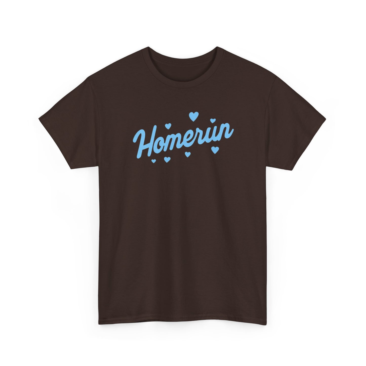 Homerun Tee — Retro Script Baseball Shirt with Blue Hearts