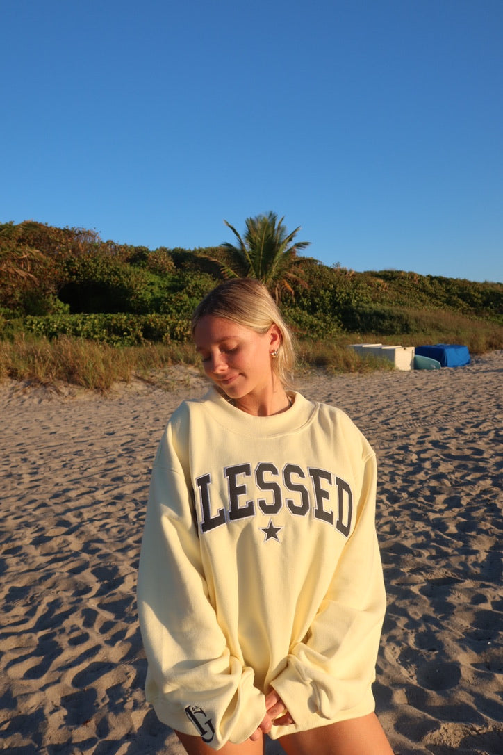 DENIM AND BUTTERCREAM BLESSED MOCK NECK
