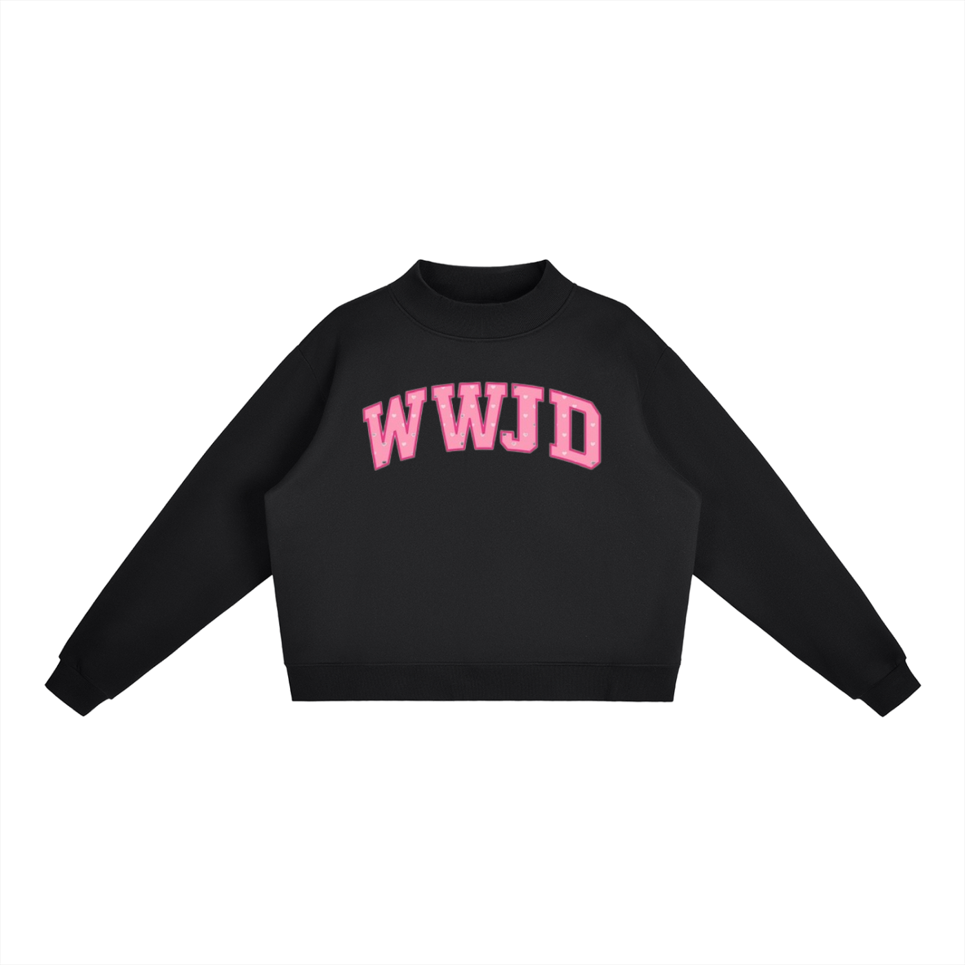 WWJD Pink Hearts Print Essential Fleece Mock-Neck Crew Sweatshirt