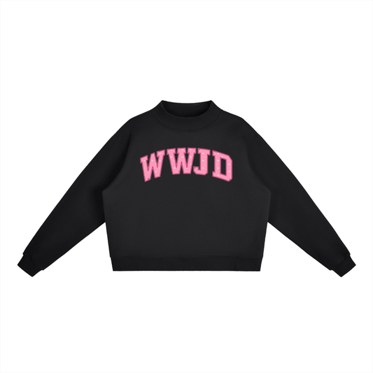 WWJD Pink Hearts Print Essential Fleece Mock-Neck Crew Sweatshirt