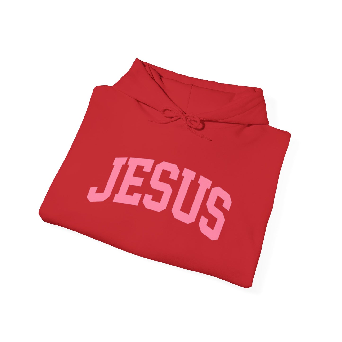 Jesus Arch Logo Hoodie — Pink Lettering Christian Faith Pullover