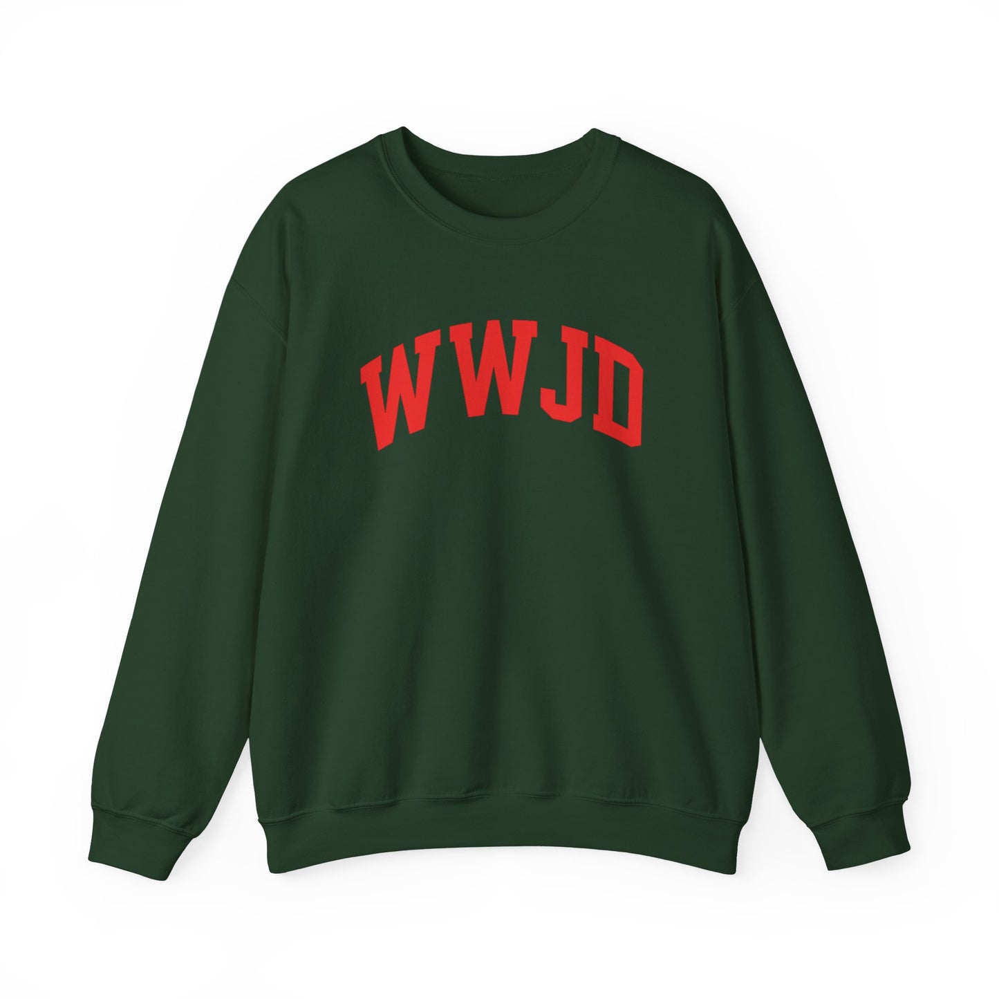 WWJD Crewneck Sweatshirt — Classic Red Lettering Christian Faith Pullover