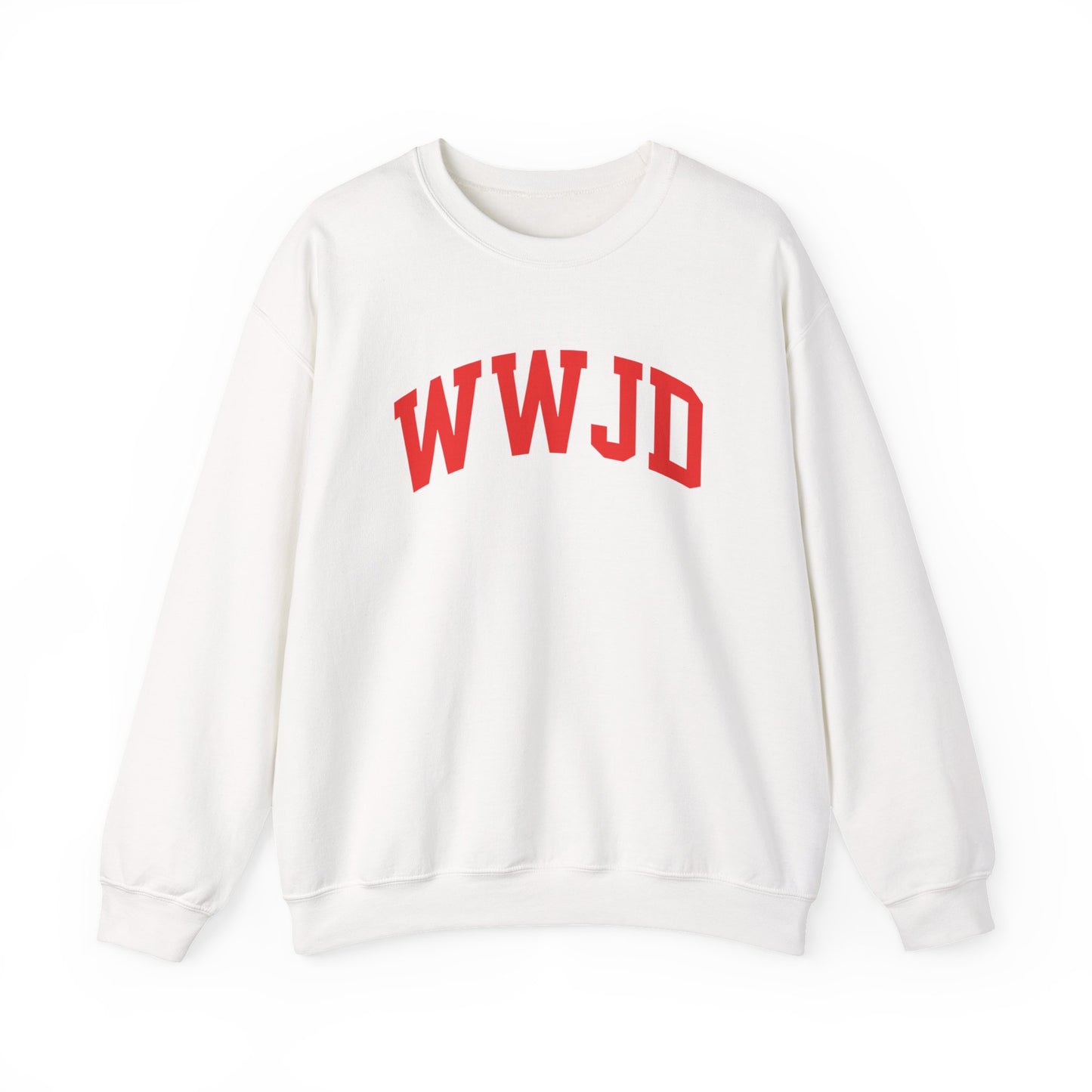 WWJD Crewneck Sweatshirt — Classic Red Lettering Christian Faith Pullover