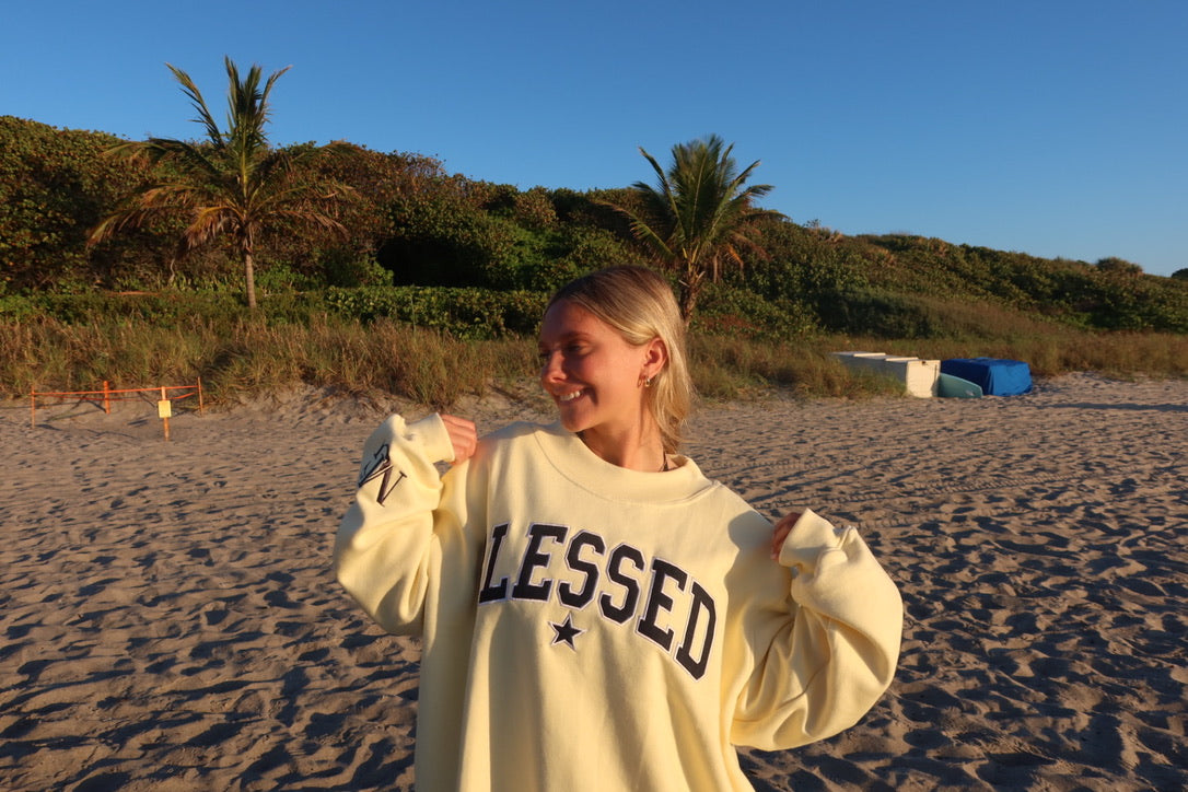 DENIM AND BUTTERCREAM BLESSED MOCK NECK