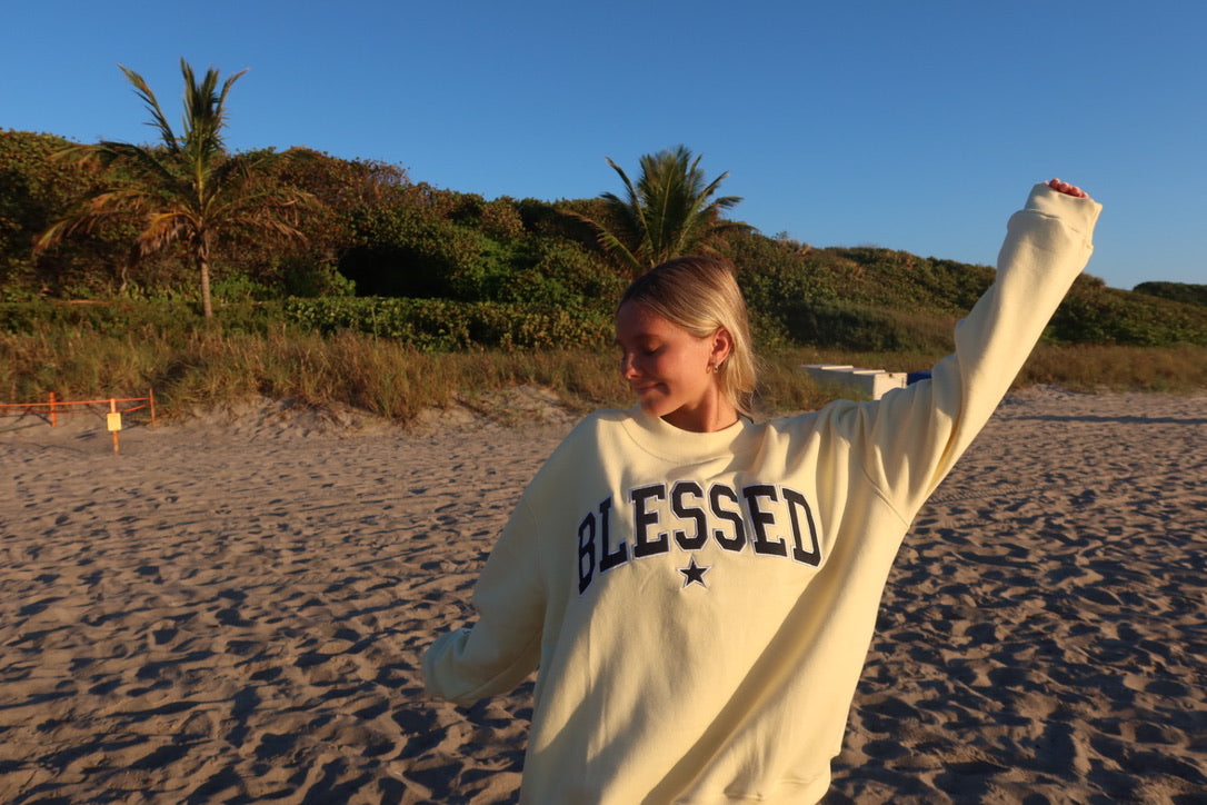 DENIM AND BUTTERCREAM BLESSED MOCK NECK