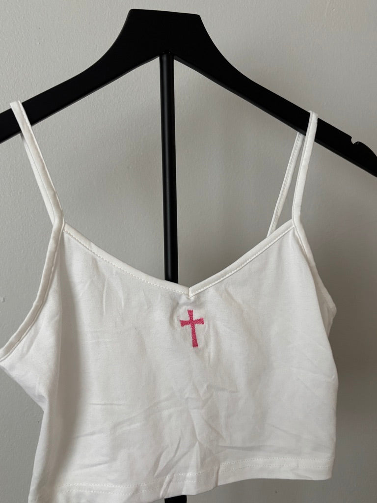 WHITE CROSS EMBROIDERED CROPPED TANK TOP S/M