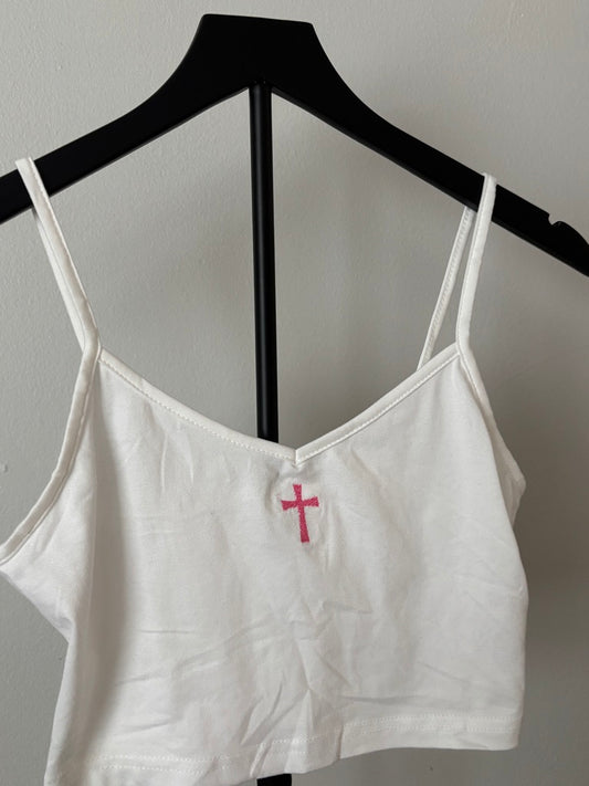 WHITE CROSS EMBROIDERED CROPPED TANK TOP S/M