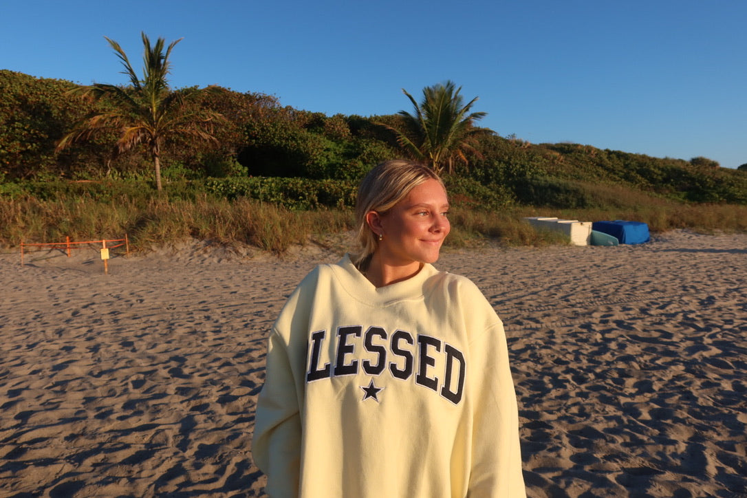 DENIM AND BUTTERCREAM BLESSED MOCK NECK