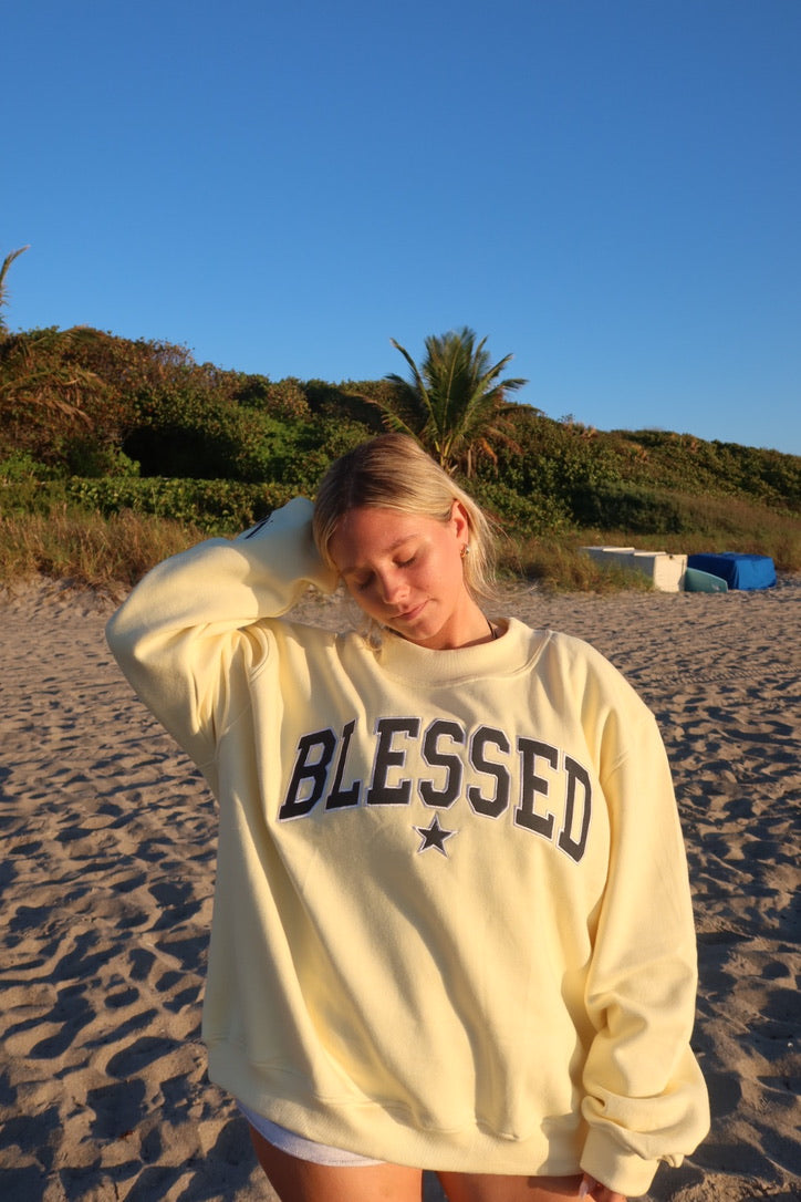 DENIM AND BUTTERCREAM BLESSED MOCK NECK