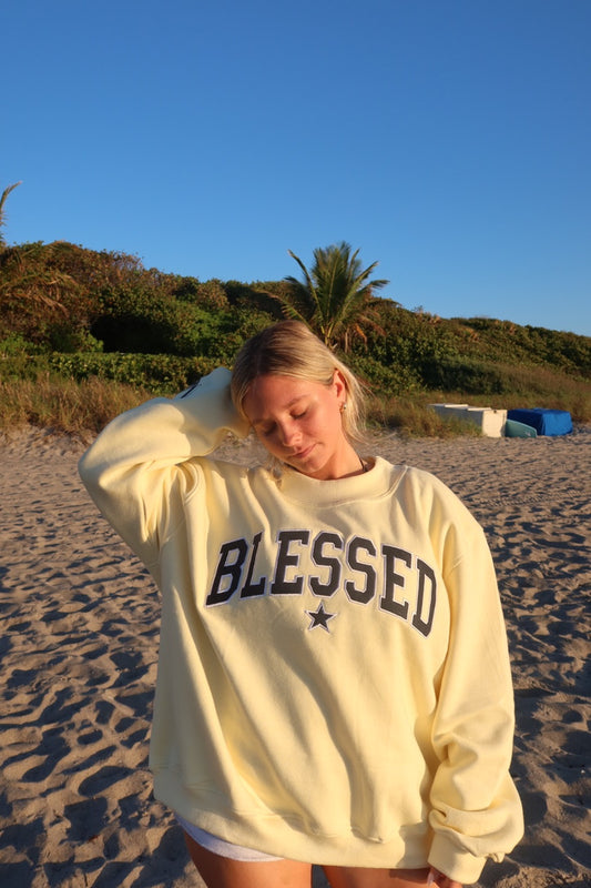 DENIM AND BUTTERCREAM BLESSED MOCK NECK