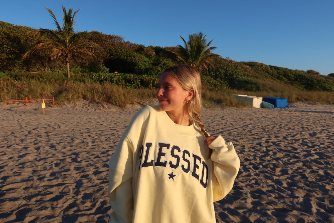 DENIM AND BUTTERCREAM BLESSED MOCK NECK