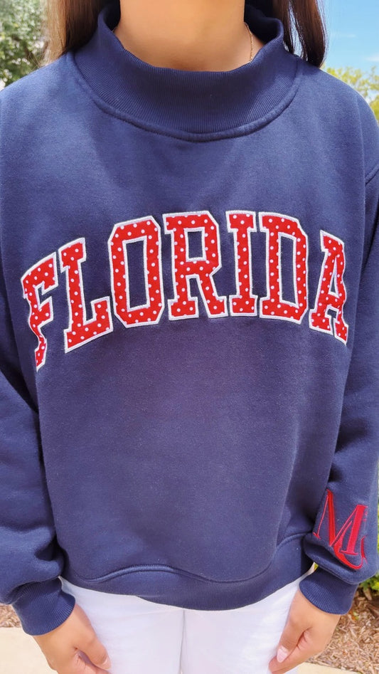 FLORIDA- TRUE NAVY AND RED POLKA DOT MOCK NECK