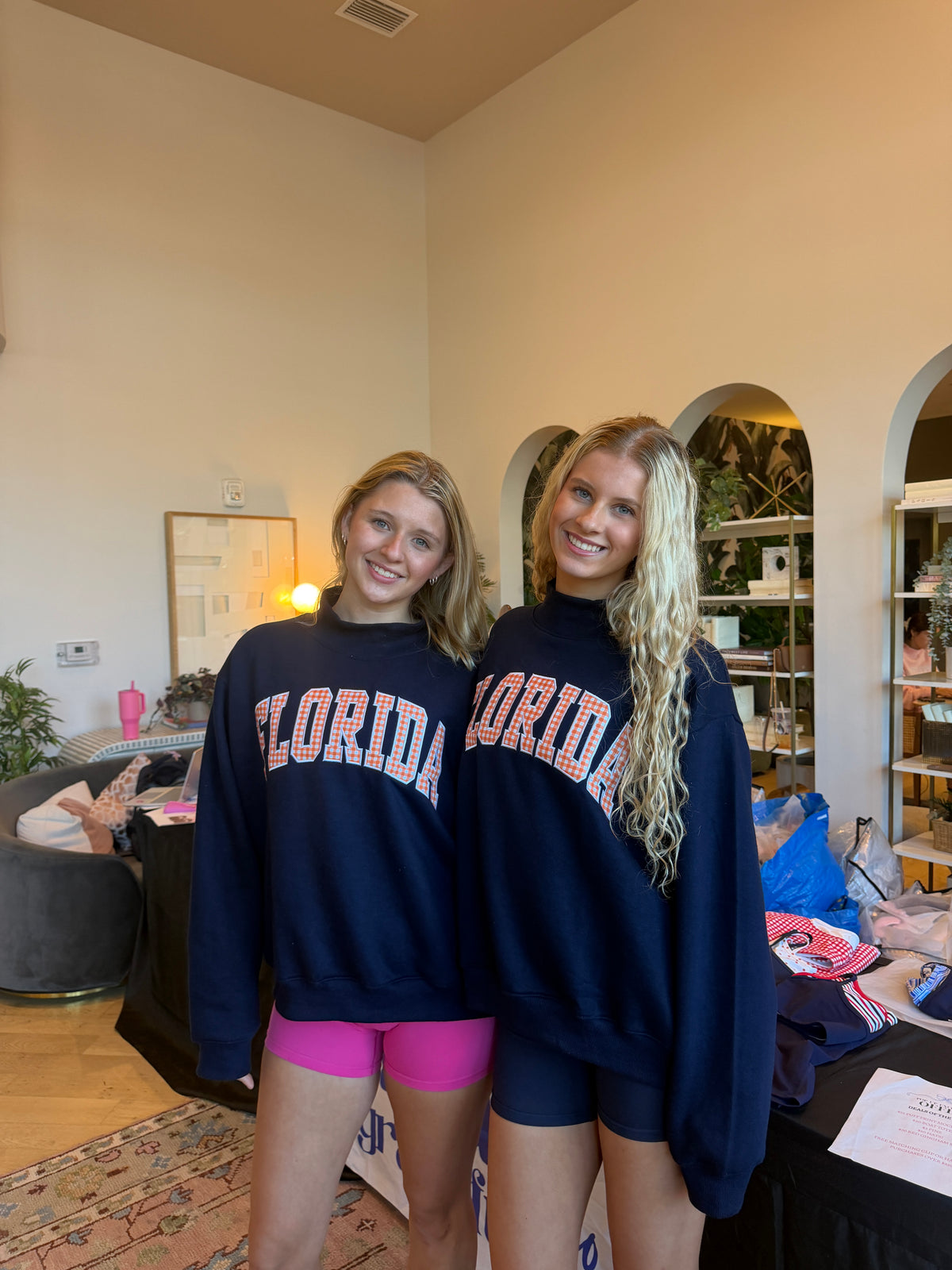 Navy and orange gingham florida mockneck