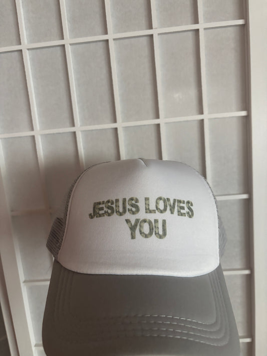 JESUS LOVES YOU CAMO AND GREY TRUCKER HAT