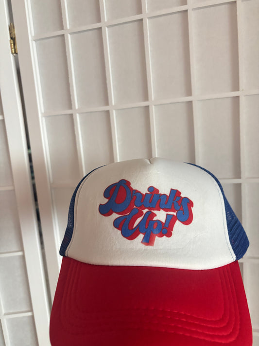 DRINKS UP RED AND BLUE TRUCKER HAT
