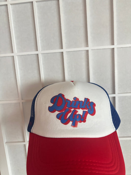 DRINKS UP RED AND BLUE TRUCKER HAT