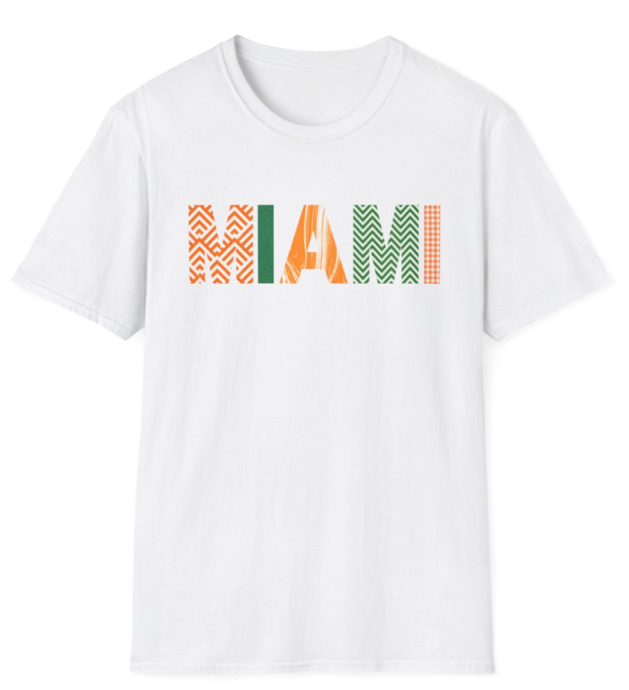 Miami Patterned Text T-Shirt — Orange & Green Graphic Tee