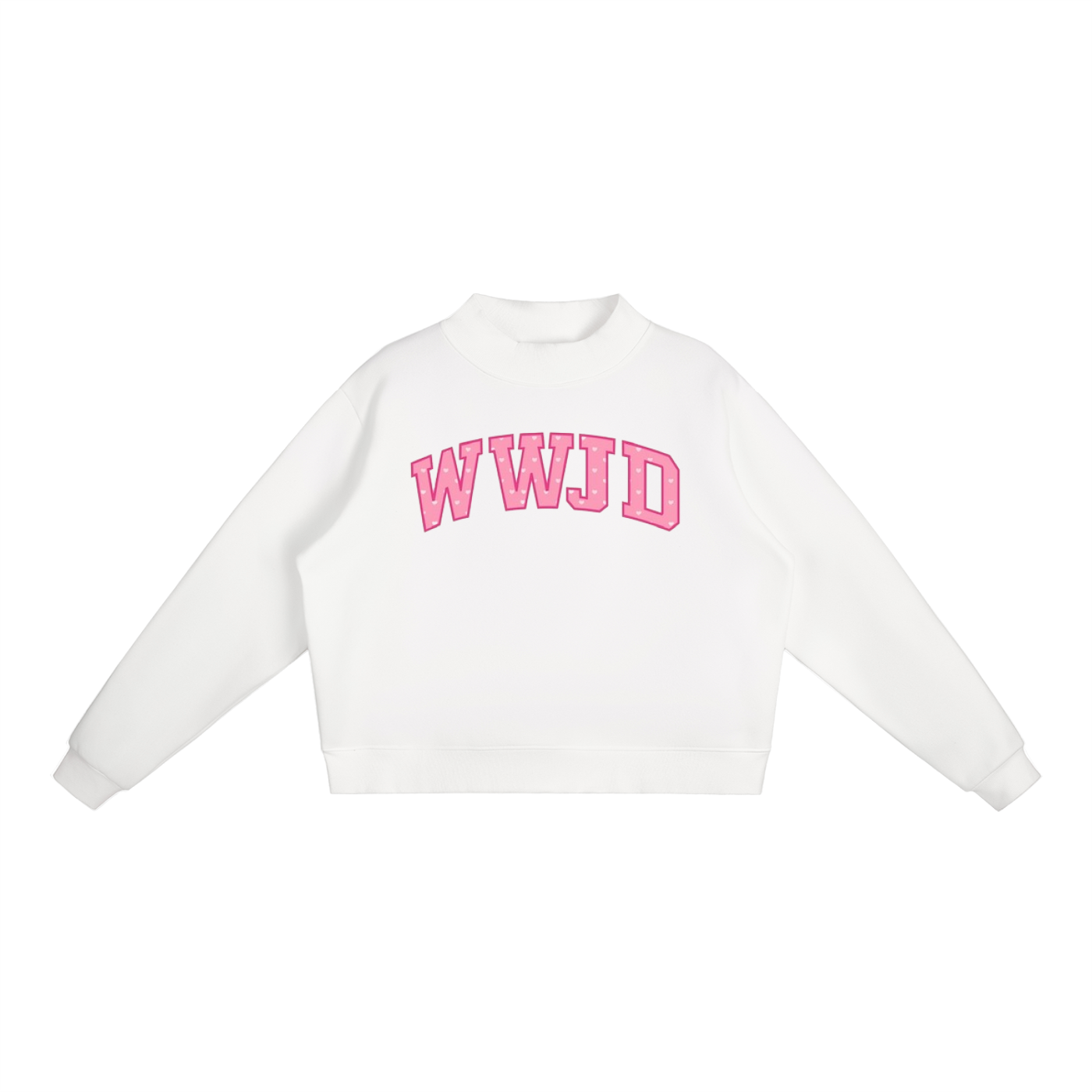 WWJD Pink Hearts Print Essential Fleece Mock-Neck Crew Sweatshirt