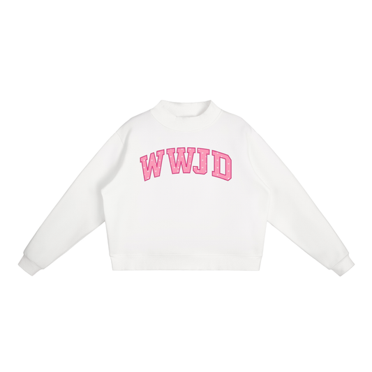 WWJD Pink Hearts Print Essential Fleece Mock-Neck Crew Sweatshirt