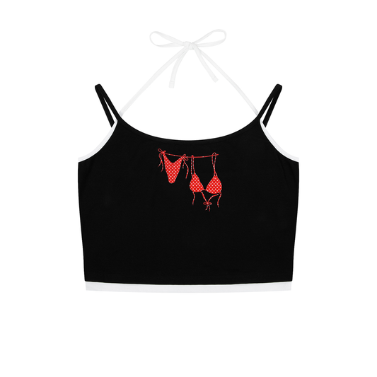 Red Bikini Contrast Binding Halter Tank Top