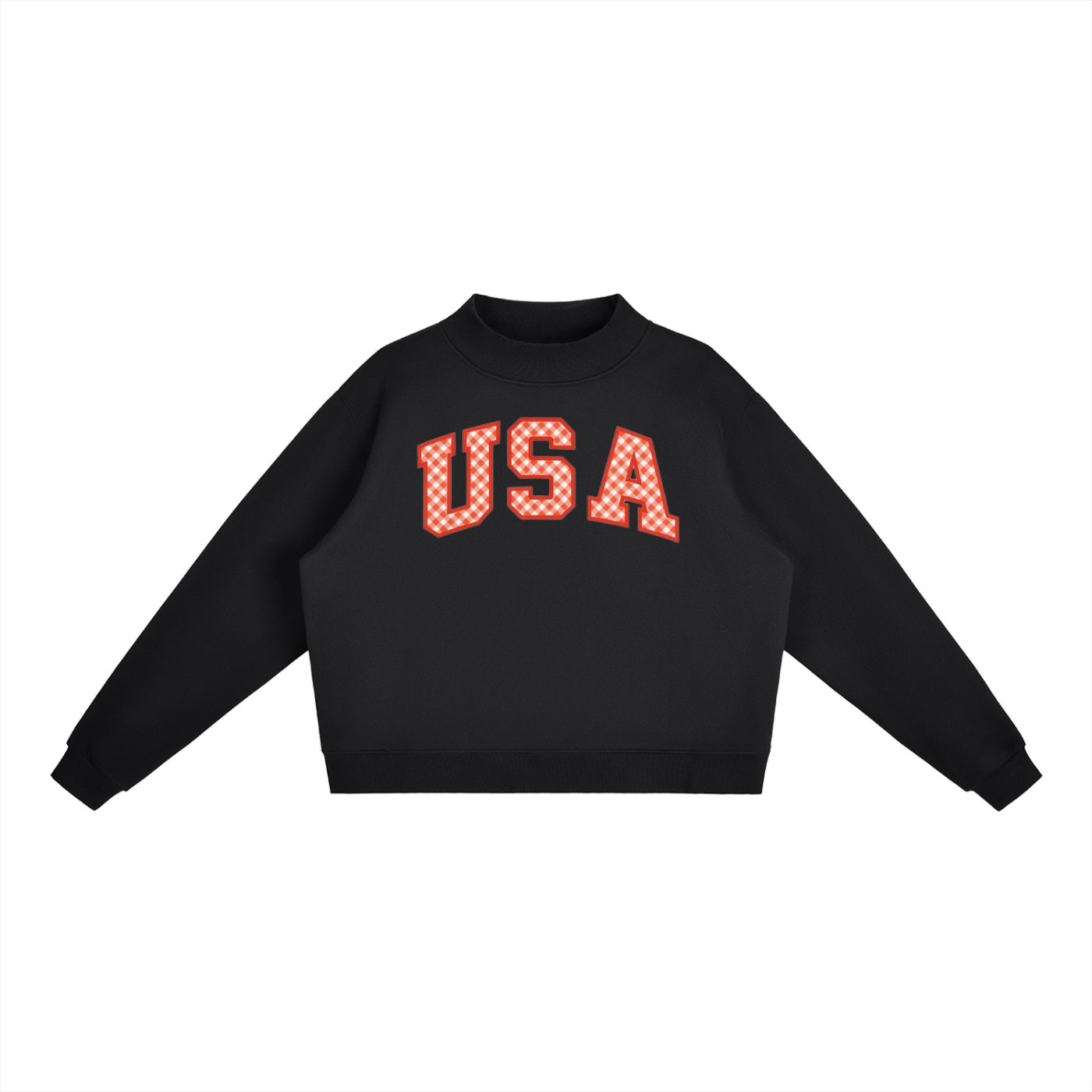 Gingham USA print Essential Fleece Mock-Neck Crew Sweatshirt