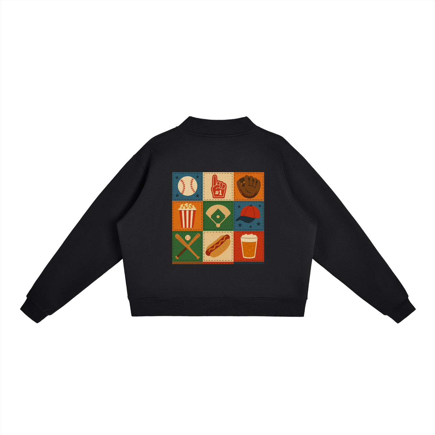 Ballgame Script with Patchwork Essential Fleece Mock-Neck Crew Sweatshirt
